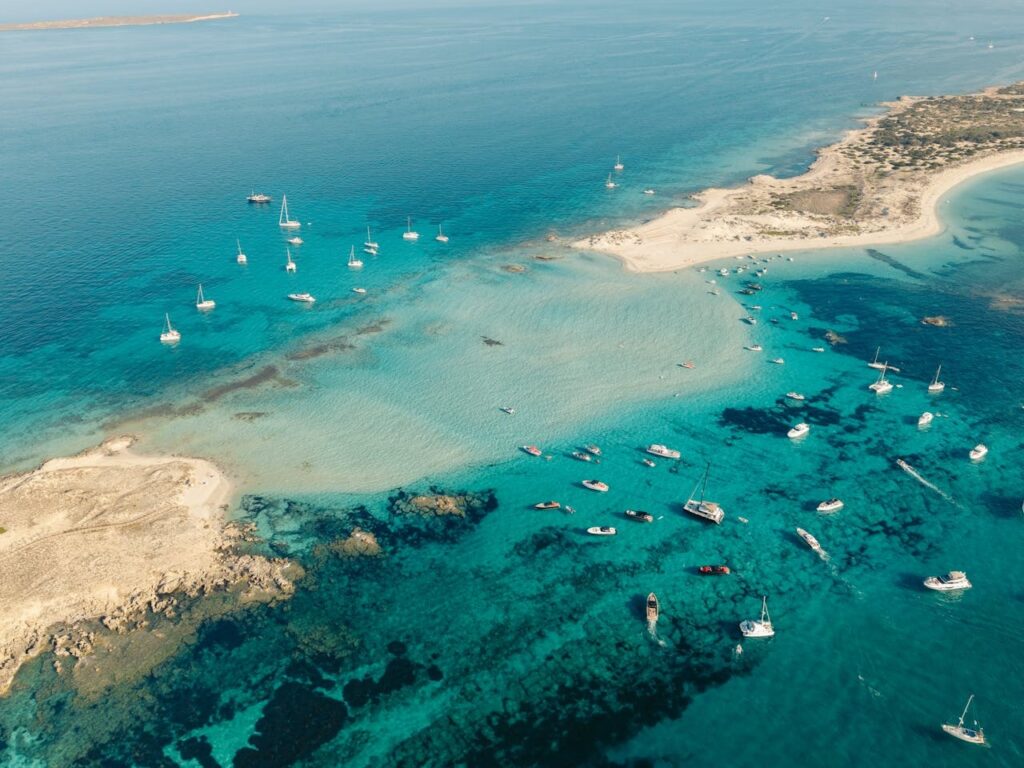 Formentera natural bridge with a sandbank splitting the island