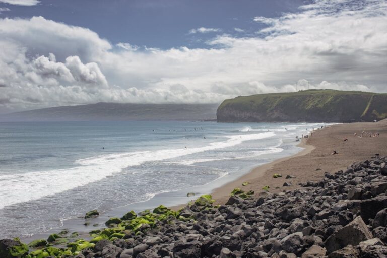 A beach and ocean with surfers surfing and people walking on the sand