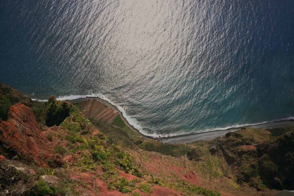 Overview drone shot of a beach in Madeira