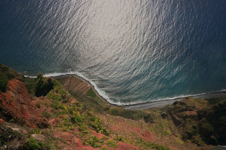 Overview drone shot of a beach in Madeira
