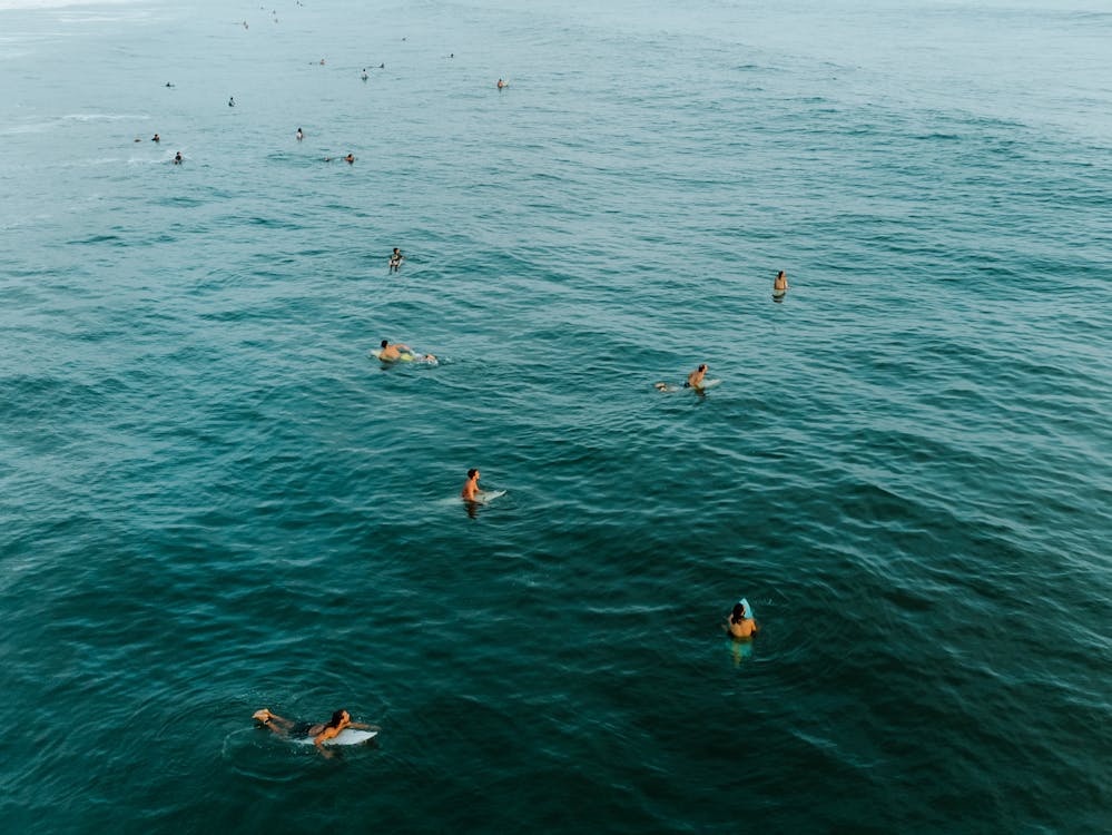 Surf lineup with people waiting in the water