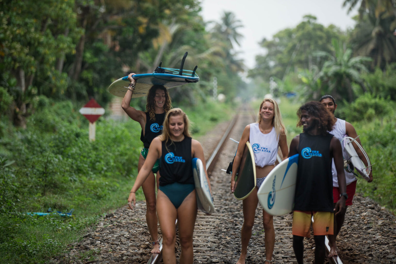 Some of the guest of The Surfer Weligama, and owner Lahiru, walking to some waves.