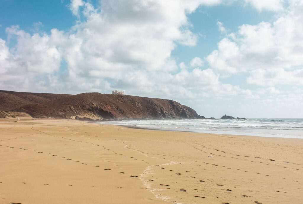 A landscape of a beach in Mirleft.