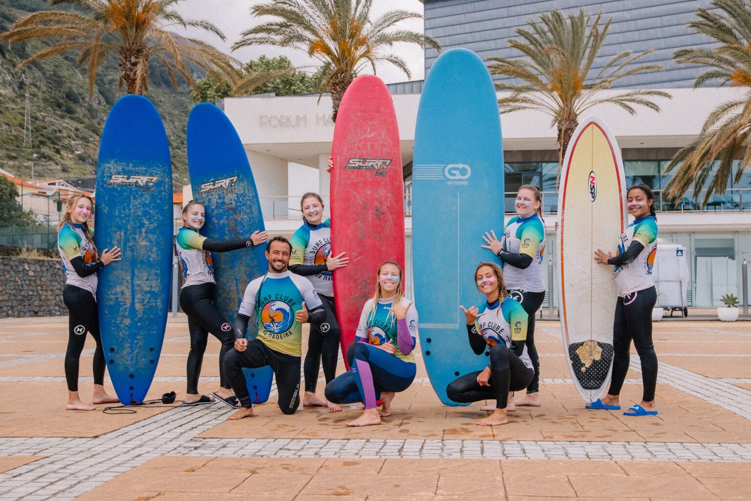 A shot of Ohana Surf Camp in Madeira with big smiles.