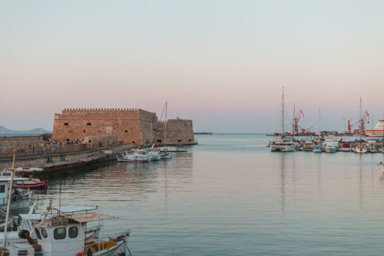 The harbor of Heraklion sparking during the sunset.