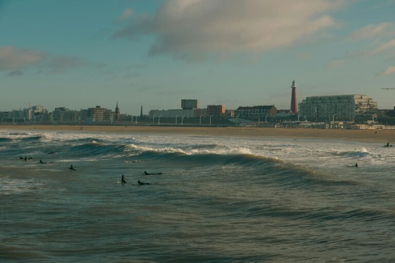 A lineup of surfers sitting in The Hague waters.