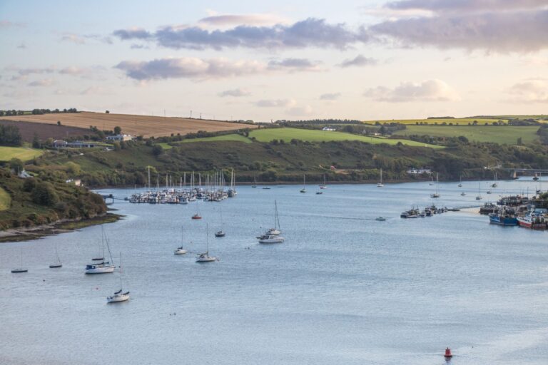 The bay of Kinsale in Ireland, with boats floating.