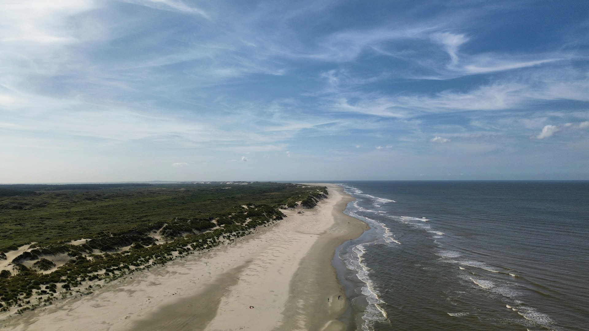 The Terschelling long beach in contrast with trees across from the water.